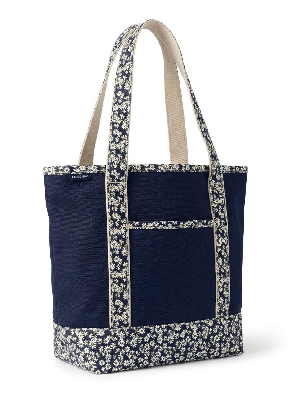 Lands' End Deep Sea Dotted Daisy Floral Medium 5-Pocket Canvas Tote Bag